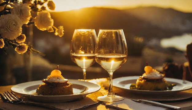 Cena romántica con copas de vino y velas en la terraza al atardecer