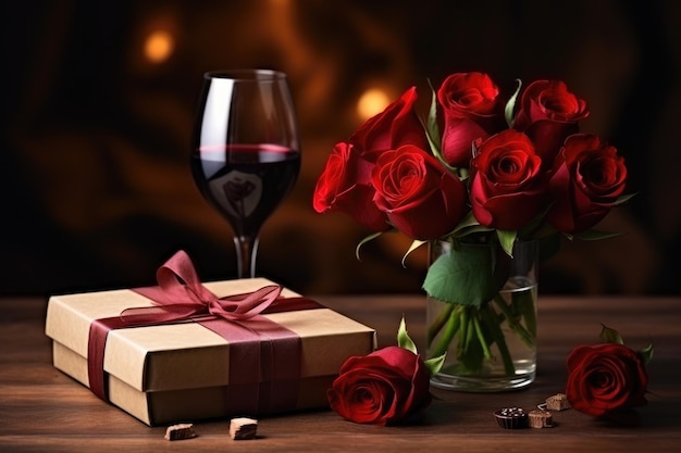 Cena romántica del día de San Valentín 39 Vino rosas rojas regalo y dos vasos de primer plano en una superficie de madera
