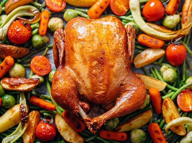 Cena romántica para dos de pollo al horno y verduras al horno.