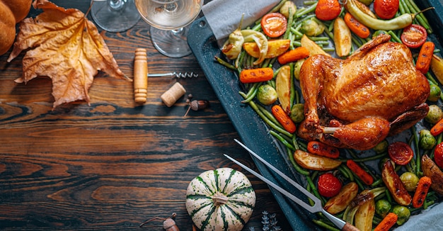 Cena romántica para dos de pollo al horno y verduras al horno.