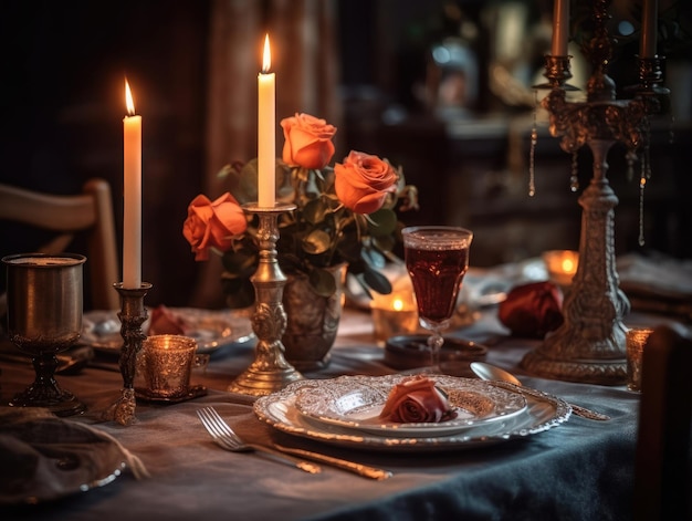 Cena romántica con flores y velas plateadas y rosa roja en la mesa IA generativa