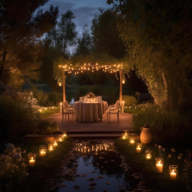 Una cena romántica en el jardín por la noche.