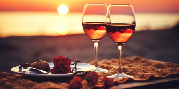 Cena romántica junto al mar dos copas de vino al atardecer IA generativa