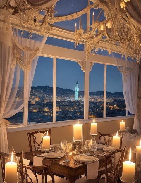 cena romántica a la luz de las velas con el cielo nocturno