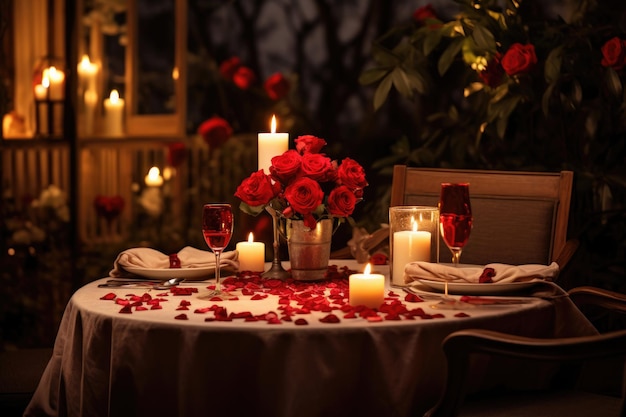 Una cena romántica a la luz de las velas para dos adornada con flores y decoraciones en forma de corazón