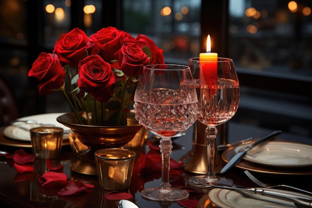 Cena romántica a la luz de las velas en elegante restaurante generativa IA