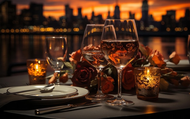 Una cena romántica a la luz de las velas con el horizonte de la ciudad