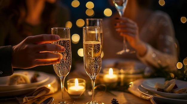 Cena romántica a la luz de las velas para parejas, mesa preparada por la noche, hombre y mujer con un vaso de champán.