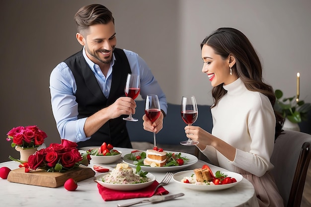 Cena romántica de pareja de amor en casa para una celebración especial del Día de San Valentín comida deliciosa en la mesa