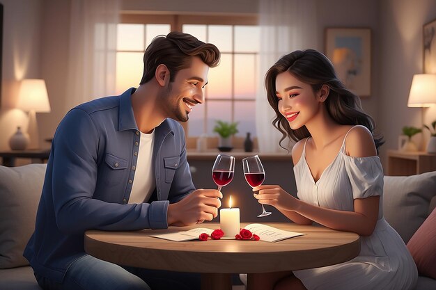 Cena romántica de pareja de amor en casa para una celebración especial del Día de San Valentín, comida deliciosa en la mesa