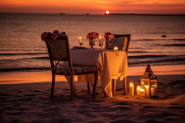 Cena romántica en la playa al atardecer