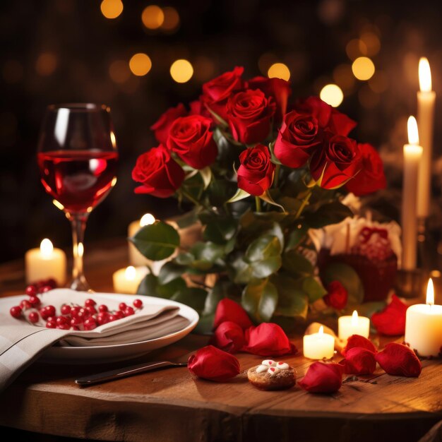 Cena romántica con rosas rojas y velas