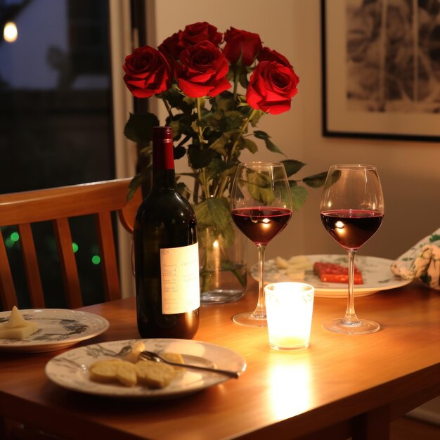 Foto cena romántica vino velas y una mesa para dos por favor