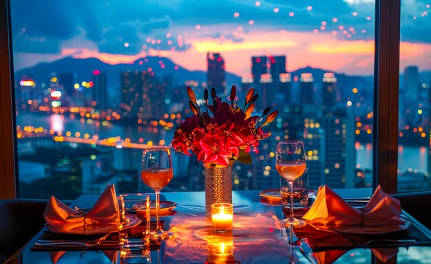 Cena romántica con vistas a las luces de la ciudad