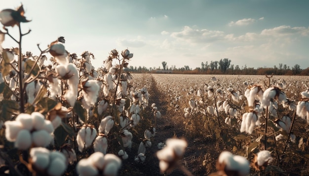 Cena rural com colheita animal de crescimento de plantas de algodão e pôr do sol de outono gerado por inteligência artificial