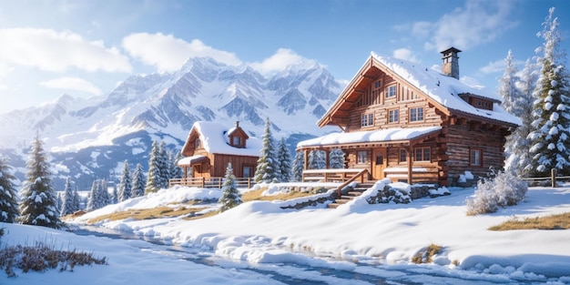 Cena rural da paisagem da casa de inverno com montanhas nevadas, árvores de abeto e casa de madeira