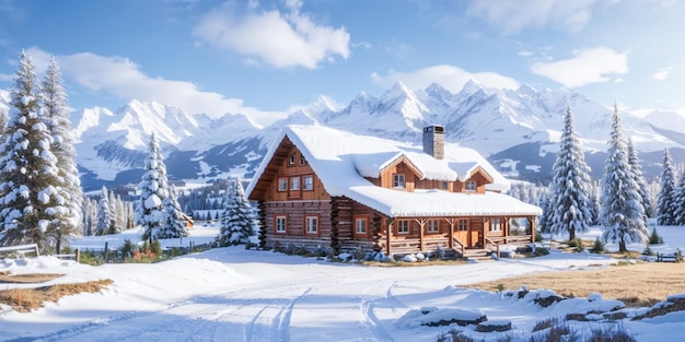 Cena rural da paisagem da casa de inverno com montanhas nevadas, árvores de abeto e casa de madeira