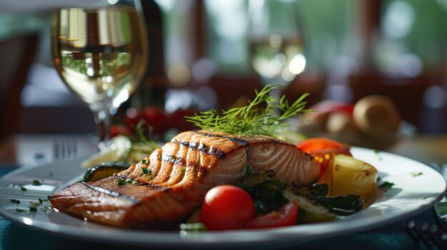 una cena de salmón a la parrilla y brócoli con vino blanco en un plato negro