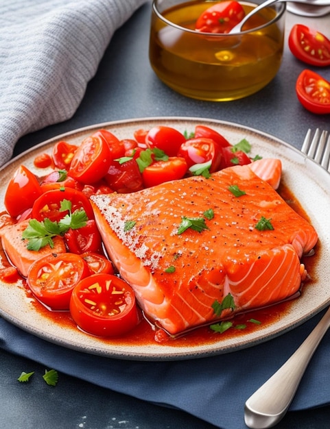 Cena sencilla de salmón con zanahorias y tomates asados