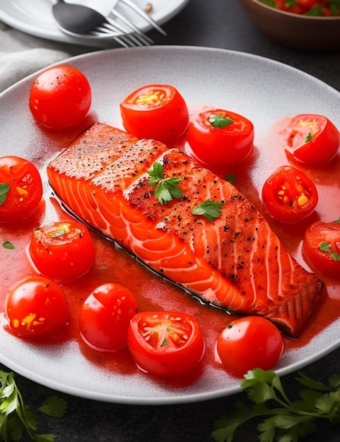 Cena sencilla de salmón con zanahorias y tomates asados