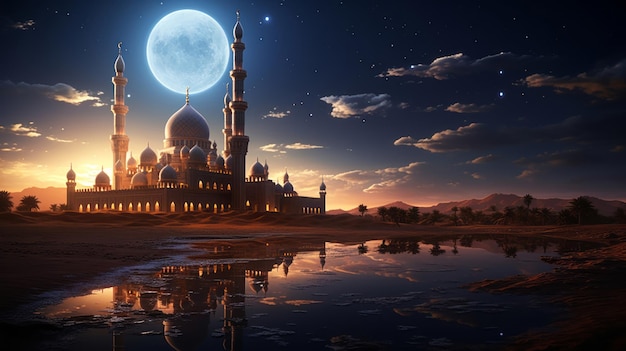 Cena serena do deserto iluminada pela lua com a mesquita feita de estrelas de arenito cintilando acima