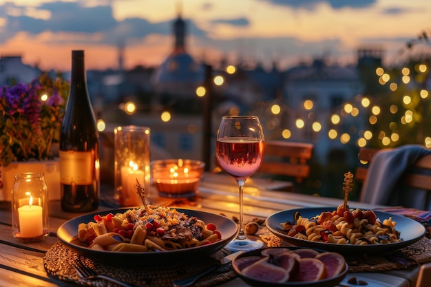 Cena servida en la terraza de la azotea Cena con vino Velas románticas Vista de la ciudad vieja