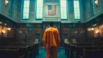 Foto cena solene em um tribunal com uma pessoa de jumpsuit laranja de pé representação de conceito legal ilustração de tema de justiça imagem de estilo cinematográfico moderno adequada para uso de mídia diversificada ia