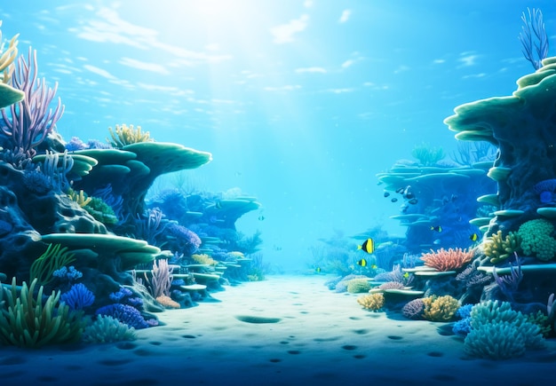 Foto cena subaquática com corais e peixes tropicais