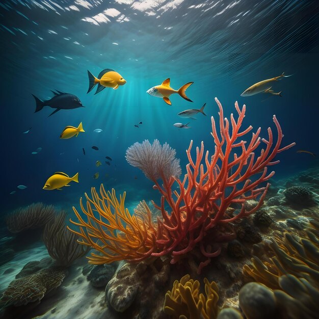 Cena subaquática com recife de corais e peixes tropicais generativos ai