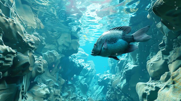 Foto cena subaquática com um peixe nadando em um recife de coral