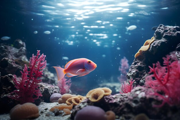 Foto cena subaquática com um peixe vermelho rosa no meio do oceano