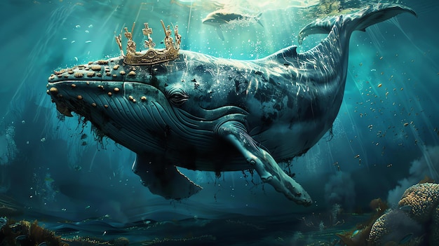 Foto cena subaquática com uma baleia gigante vestindo uma coroa dourada a baleia está cercada por pequenos peixes e recifes de coral