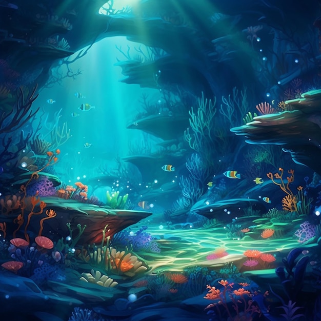 Cena subaquática de desenho animado com corais e peixes em uma caverna generativa ai