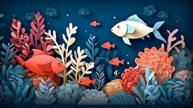 Cena subaquática de ilustração colorida com recifes de corais e peixes Generative AI