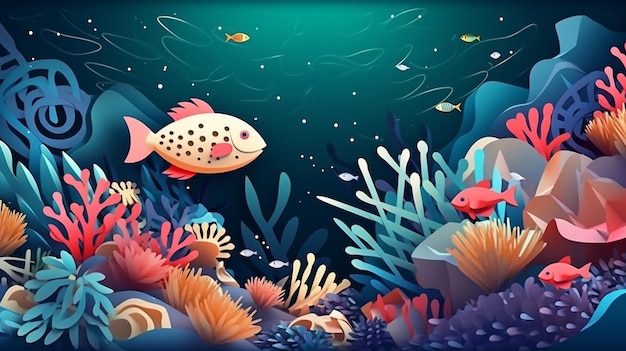 Cena subaquática de ilustração com recifes de corais e peixes Generative AI