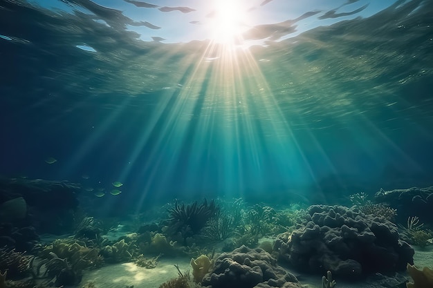 Cena subaquática recife de coral mundo oceano vida selvagem paisagem Maldivas AI