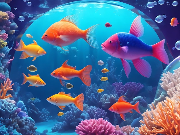 Cena subaquática vibrante com peixes coloridos e bolhas