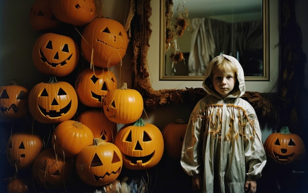 Cena temperamental de um menino no Halloween com uma fantasia assustadora e abóboras em casa