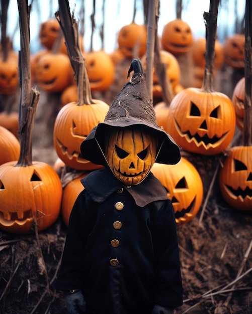 Cena temperamental de um menino no Halloween com uma fantasia assustadora em um campo de abóboras