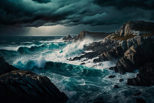 Cena tempestuosa escura com ondas quebrando nas rochas Generative AI