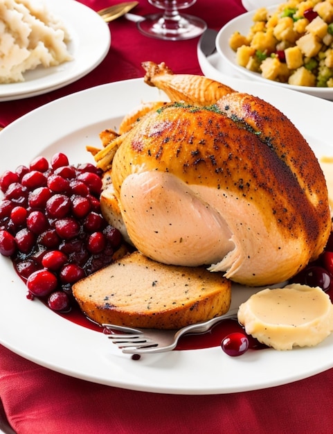 Foto una cena tradicional de acción de gracias con pavo asado relleno de puré de papas y arándanos