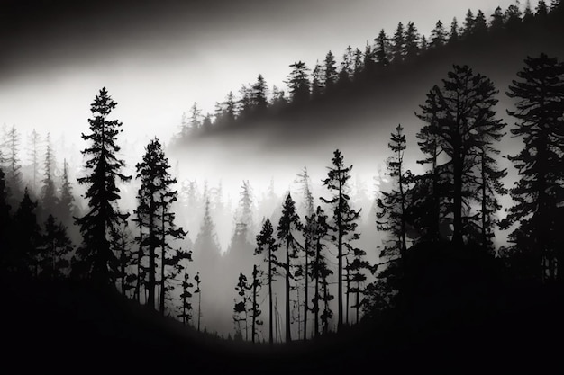 Cena tranquila da silhueta misteriosa da floresta preto e branco
