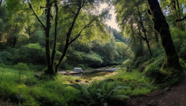 Cena tranquila de aventura de caminhada na floresta de outono gerada por IA