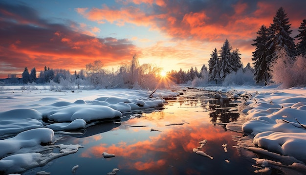 Cena tranquila de floresta de inverno cobertas de neve montanhas geradas por IA