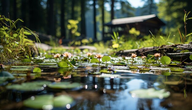 Foto cena tranquila de planta verde refletida em lago gerado por ia