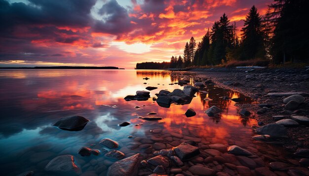 Foto cena tranquila de pôr-do-sol sobre a água refletindo a beleza da natureza gerada pela ia