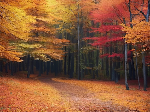 Cena tranquila de uma floresta misteriosa com árvores coloridas de outono