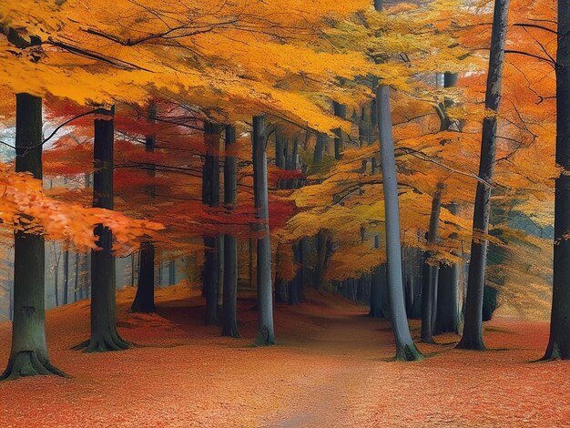 Cena tranquila de uma floresta misteriosa com árvores coloridas de outono