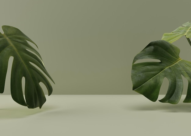 Cena vazia com folhas de monstera em fundo verde Modelo para apresentação cosmética do produto Maquete natural Espaço de cópia grátis Renderização em 3D