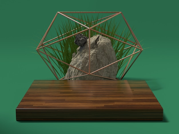 cena verde madeira natural e configuração de pedra renderização em 3d